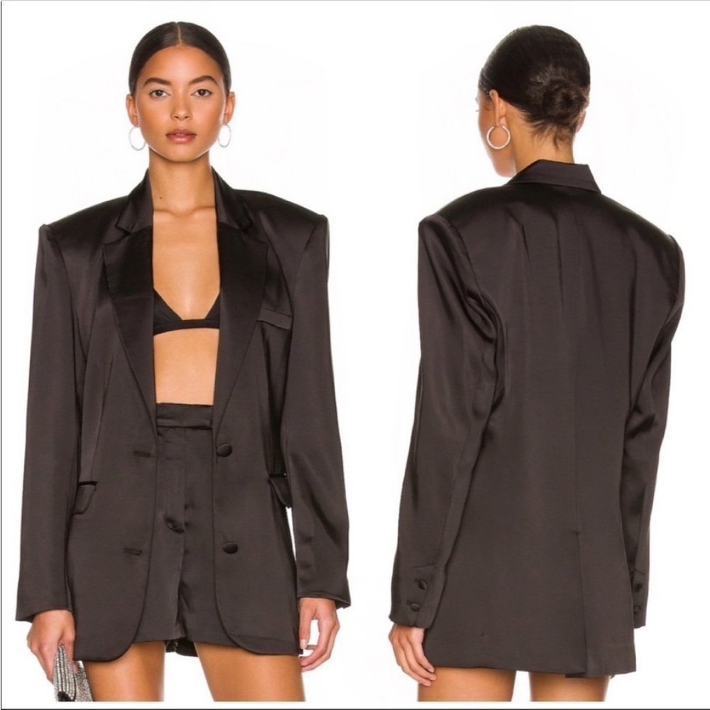 Ronny Kobo Alex Oversized Silk Charmeuse Single Breasted Blazer Black Sz M